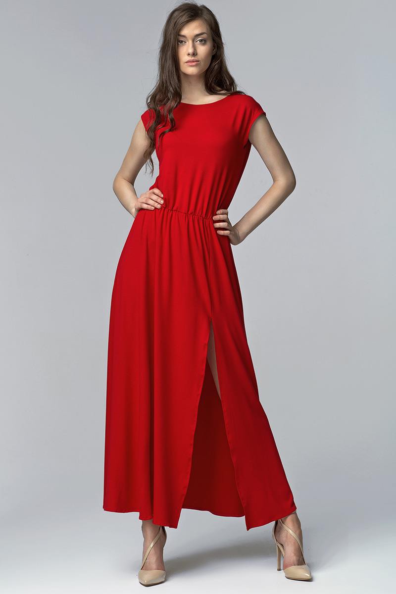 czerwona sukienka boho z rozcięciem