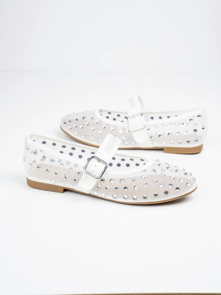 Baleriny damskie z cyrkoniami i paskiem w kolorze White