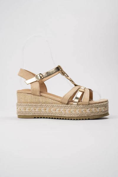 Damskie Sandały ALBA BEIGE – Pleciona Platforma i Złote Detale