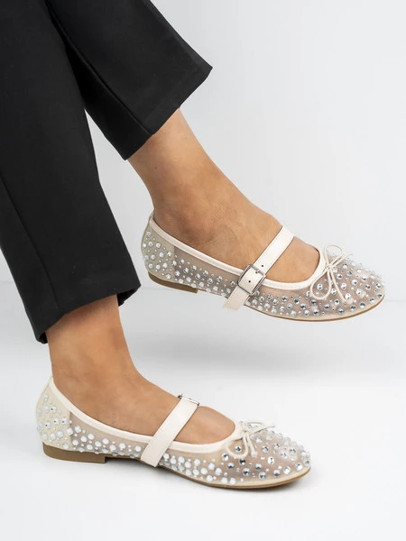 Baleriny damskie z siatką i ozdobami w kolorze Beige