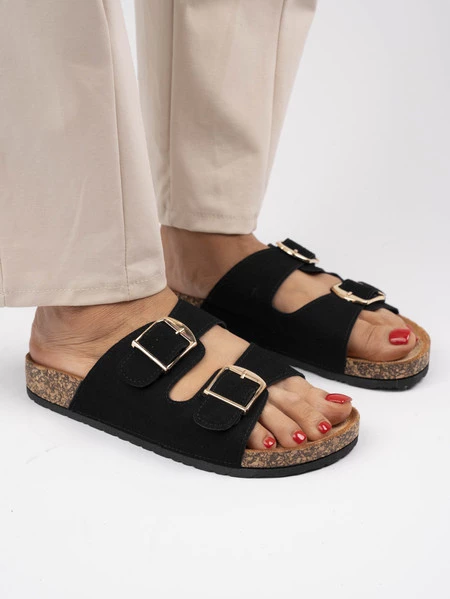 Klapki damskie z metalowymi klamrami i zamszowymi paskami Black