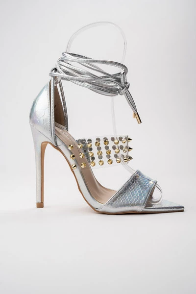 Szpilki damskie z ćwiekami i transparentnym paskiem Silver