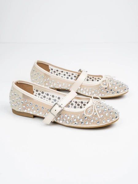 Baleriny damskie z siatką i ozdobami w kolorze Beige