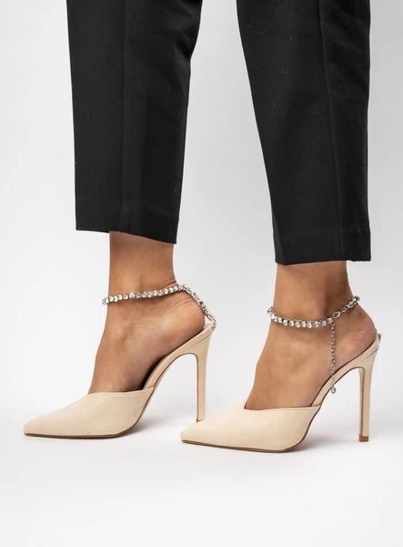 Damskie Szpilki KAYLA BEIGE– Błyszczący Urok i Biżuteryjny Akcent