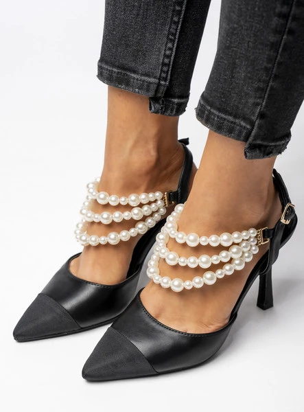 Czółenka z odkrytą pięta z perłami HARMONY BLACK