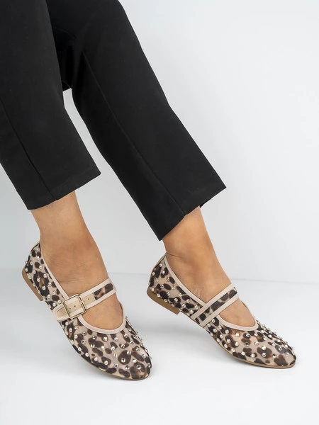 Baleriny damskie zdobione z klamrą w kolorze Leopard