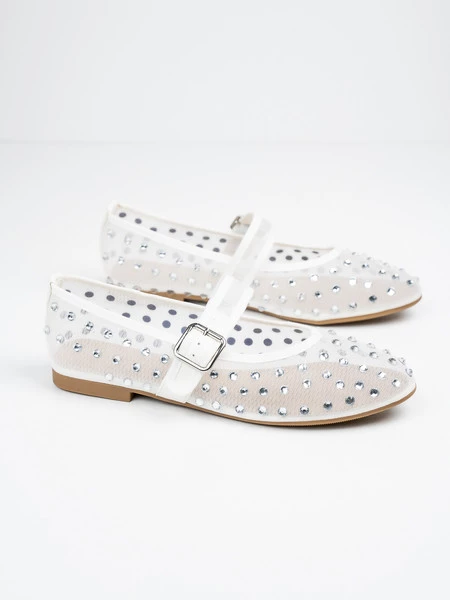 Baleriny damskie z cyrkoniami i paskiem w kolorze White
