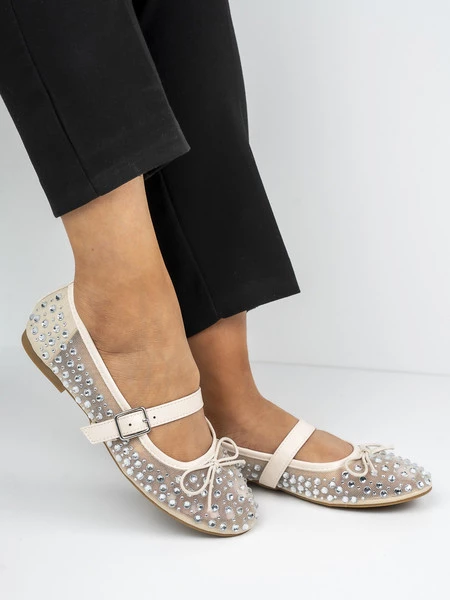 Baleriny damskie z siatką i ozdobami w kolorze Beige