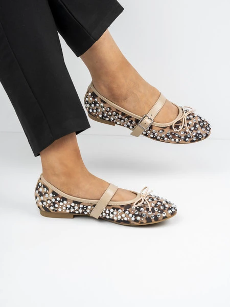 Baleriny damskie z nitami i paskiem w kolorze Leopard