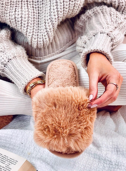 Kapcie futrzane open toe KEMARS CAMEL