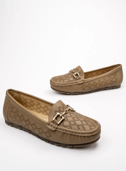 Damskie Mokasyny LIA KHAKI – Ażurowy Wzór i Elegancki Akcent