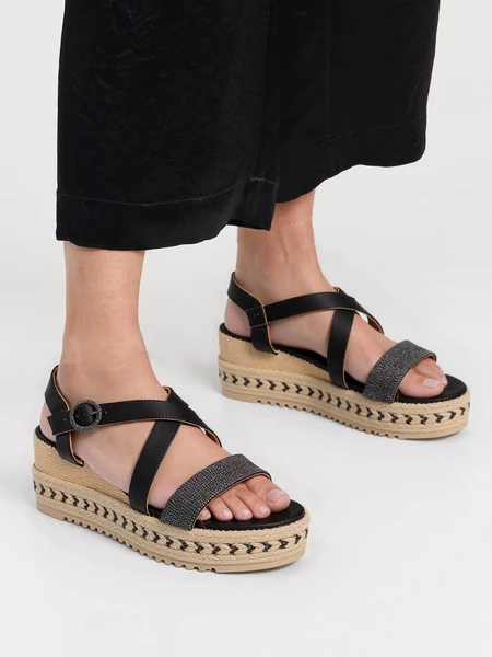 Czarne sandały damskie na koturnie BLACK