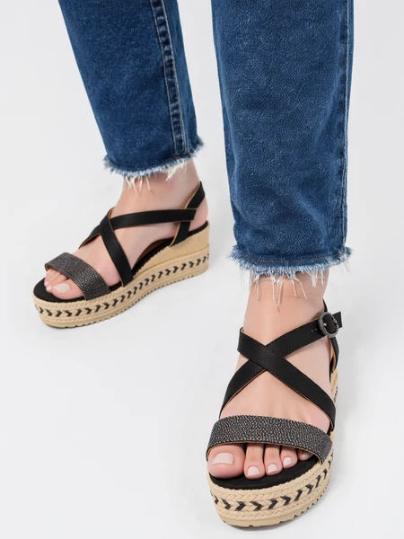 Czarne sandały damskie na koturnie BLACK 