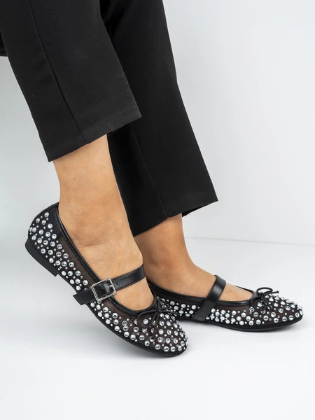Baleriny damskie z ozdobnymi cyrkoniami w kolorze Black