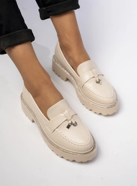 Damskie Mokasyny – Kremowy, Eko Skóra Valeria BEIGE PU