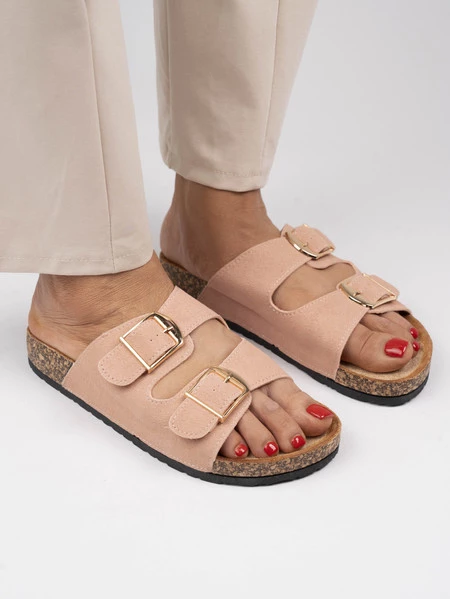 Klapki damskie z zamszu z regulowanymi klamrami w kolorze Pink