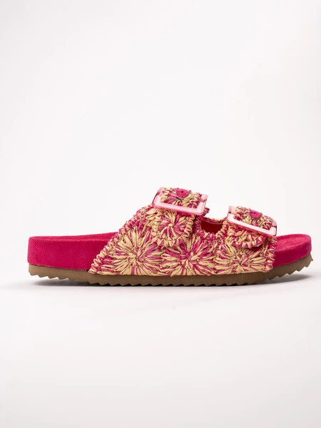 Klapki płaskie z plecionką i klamrami w kolorze Fushia