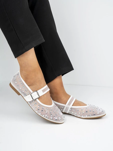 Baleriny damskie z cyrkoniami i paskiem w kolorze White