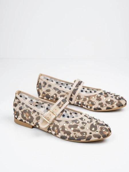 Baleriny damskie zdobione z klamrą w kolorze Leopard