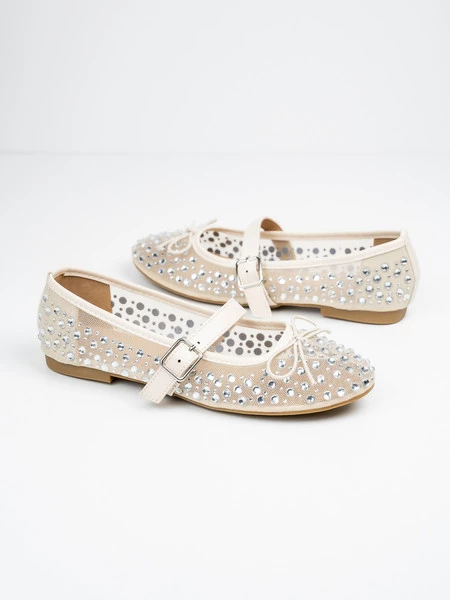 Baleriny damskie z siatką i ozdobami w kolorze Beige