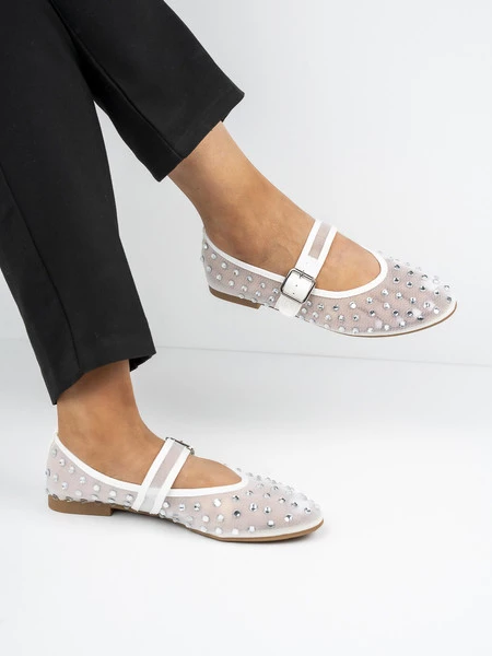 Baleriny damskie z cyrkoniami i paskiem w kolorze White