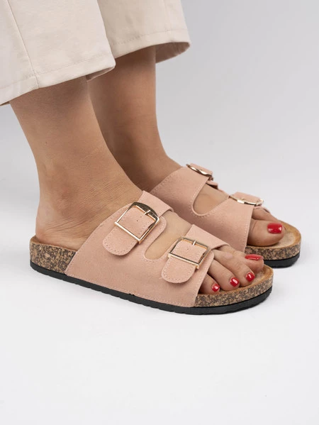 Klapki damskie z zamszu z regulowanymi klamrami w kolorze Pink