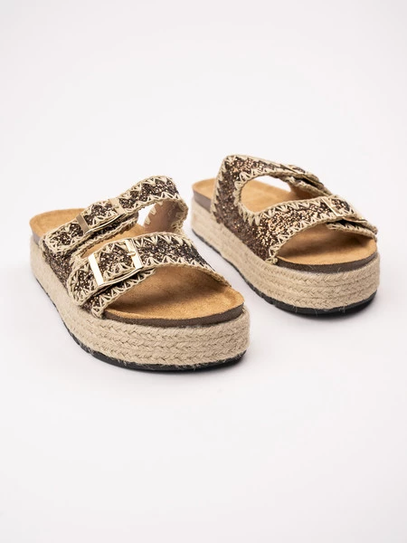 Klapki damskie na koturnie z plecionymi paskami w kolorze Bronze