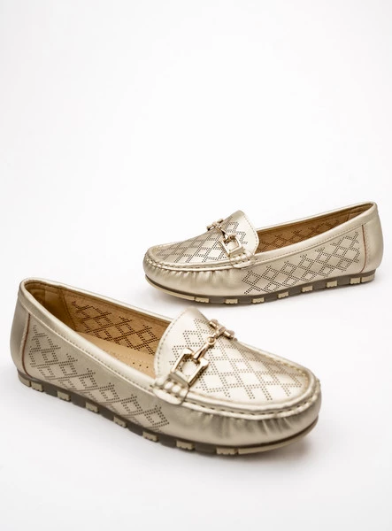 Damskie Mokasyny LIA GOLD – Ażurowy Wzór i Luksusowy Akcent