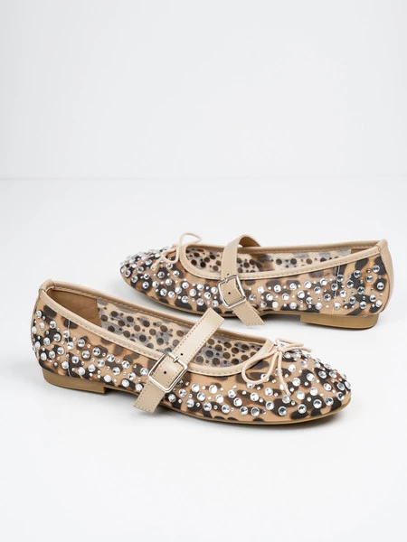 Baleriny damskie z nitami i paskiem w kolorze Leopard