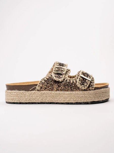 Klapki damskie na koturnie z plecionymi paskami w kolorze Bronze