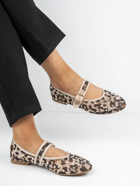 Baleriny damskie zdobione z klamrą w kolorze Leopard