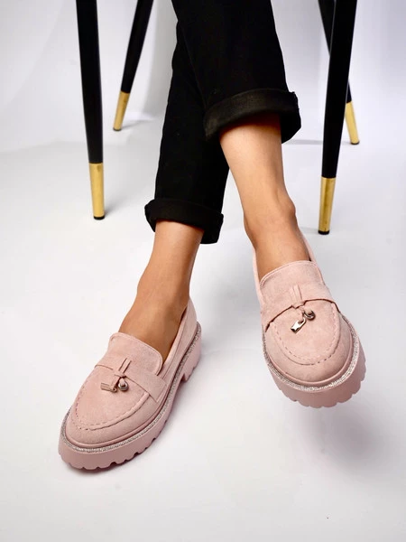 Damskie Mokasyny – Pudrowy Róż, Zamsz Alessa PINK