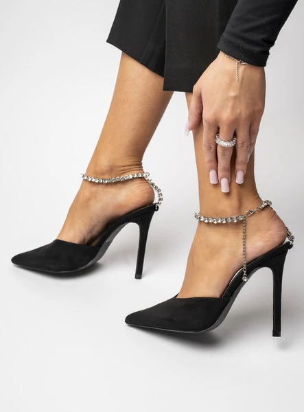 Damskie Szpilki KAYLA Black – Błyszczący Urok i Biżuteryjny Akcent