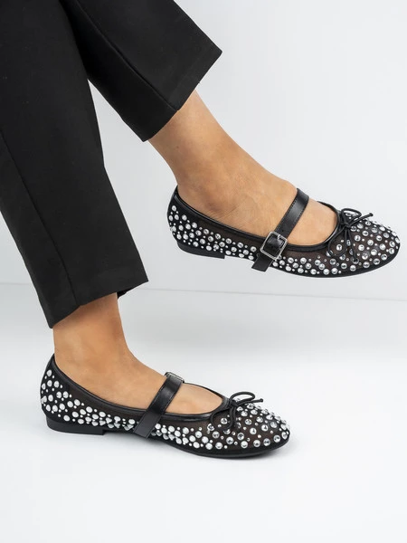 Baleriny damskie z ozdobnymi cyrkoniami w kolorze Black