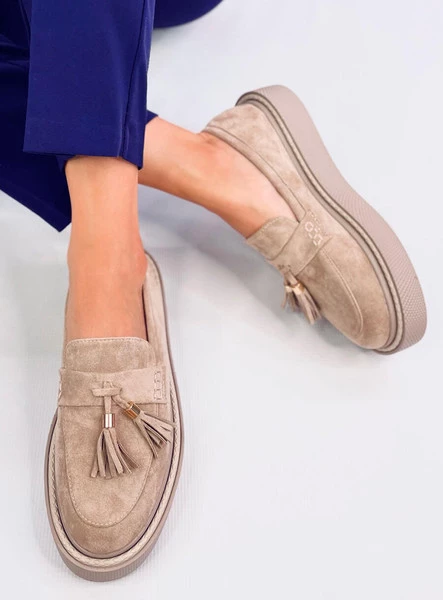 Mokasyny na platformie z frędzelkami TRINITY BEIGE