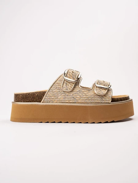 Klapki na koturnie z podwójną klamrą w kolorze Silver