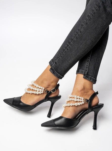 Czółenka z odkrytą pięta z perłami HARMONY BLACK