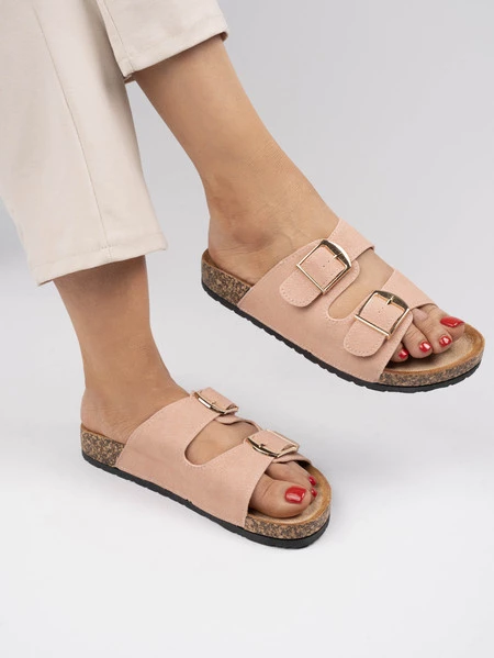 Klapki damskie z zamszu z regulowanymi klamrami w kolorze Pink